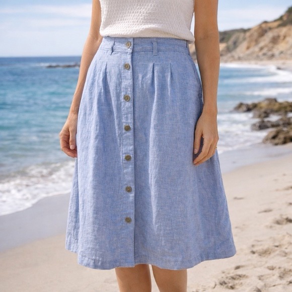 Lands' End Dresses & Skirts - Lands' End Blue 100% Linen Button Front‎ Midi A-Line Skirt Coastal Prairie 12
